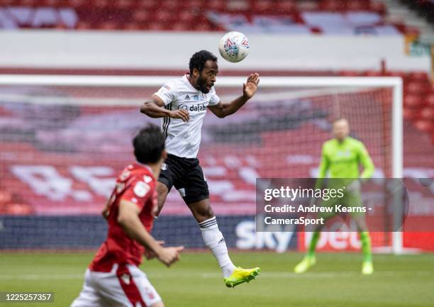 Fulham's Denis Odoi heads clear during the Sky Bet Championship match between Nottingham Forest and Fulham at City Ground on July 7, 2020 in...