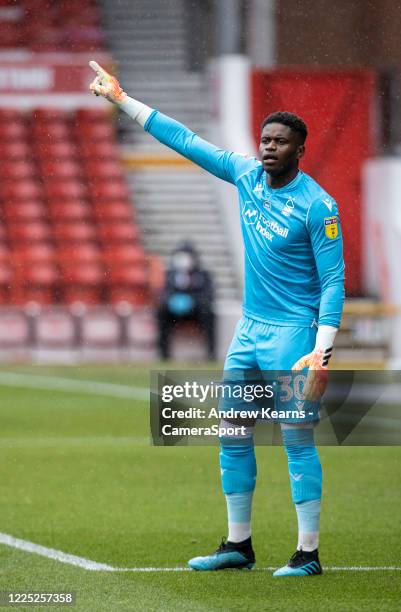 Nottingham Forest's Brice Samba gestures during the Sky Bet Championship match between Nottingham Forest and Fulham at City Ground on July 7, 2020 in...