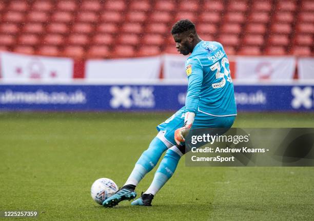 Nottingham Forest's Brice Samba kicks clear during the Sky Bet Championship match between Nottingham Forest and Fulham at City Ground on July 7, 2020...