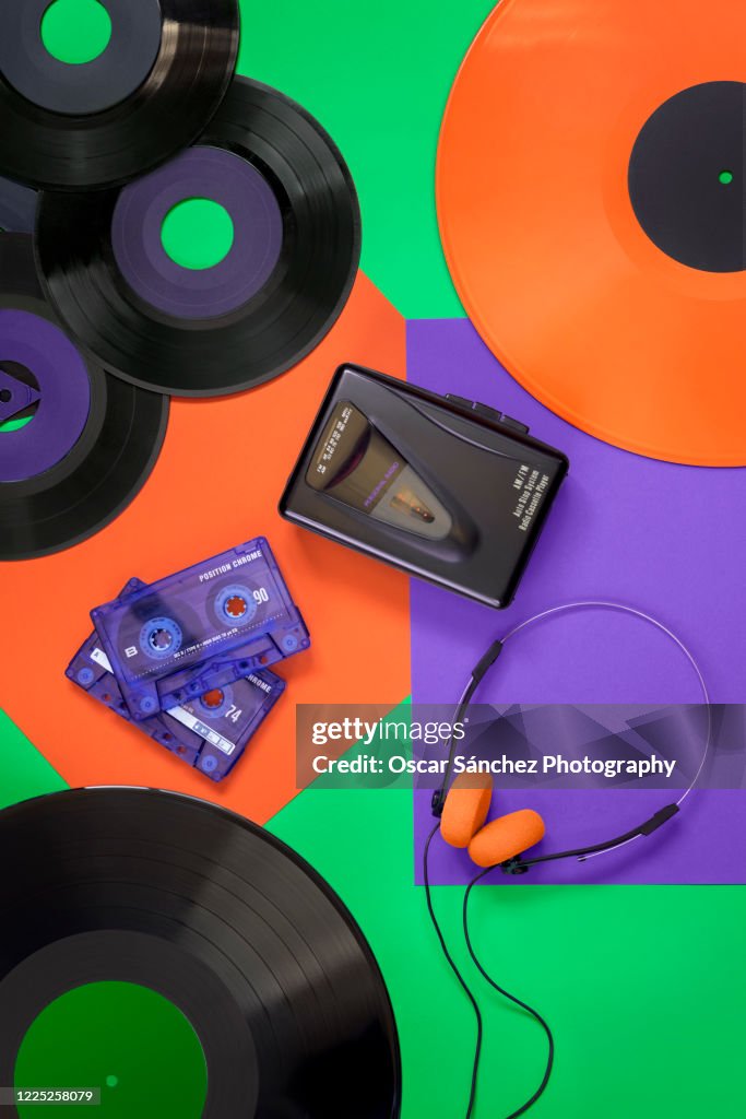Top View Of Vinyl Records Cassettes A Walkman And Headphones With