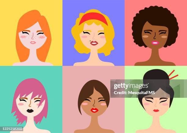 ilustraciones, imágenes clip art, dibujos animados e iconos de stock de grupo multiétnico de mujeres - cabello castaño