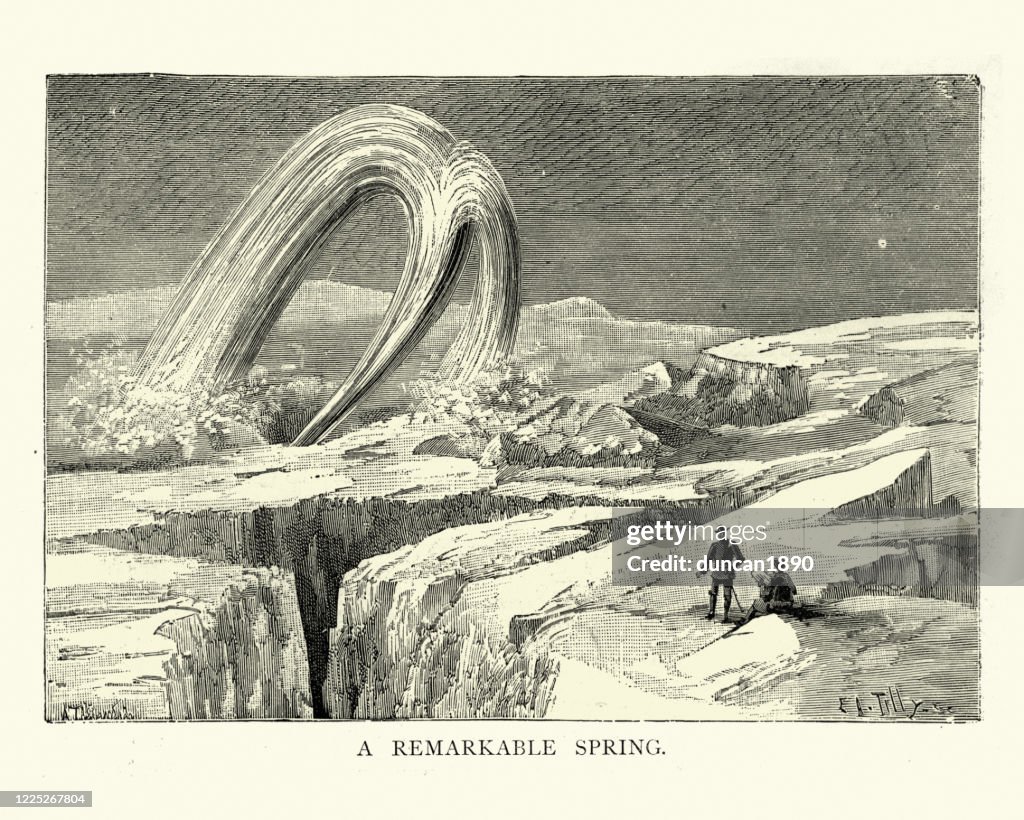 Hot geyser bursting through the ice, Greenland, 19th Century