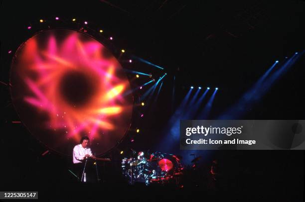 English guitarist and singer David Gilmour and English drummer, best known as a founder member of Pink Floyd, Nick Mason, perform during the 1987 "A...