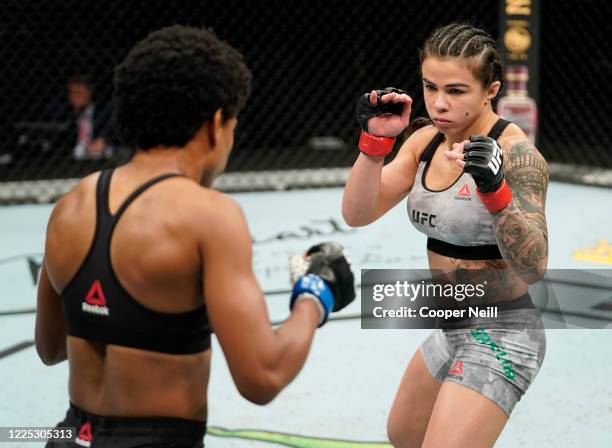 Claudia Gadelha of Brazil battles Angela Hill in their strawweight fight during the UFC Fight Night event at VyStar Veterans Memorial Arena on May...