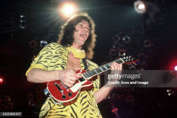 Eddie Van Halen plays his mini Les Paul during the "1984 Tour" on April 6 at the Cobo Arena in Detroit, Michigan.