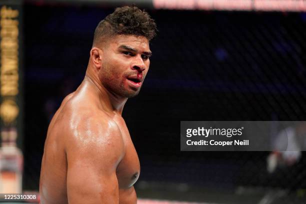 Alistair Overeem of the Netherlands reacts after his TKO victory over Walt Harris in their heavyweight fight during the UFC Fight Night event at...