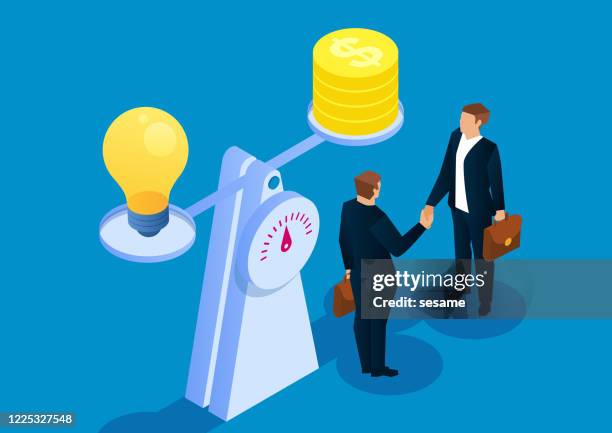 money and light bulbs are balanced on the scale, the value of creativity, the transaction of creativity and money - calibration stock illustrations