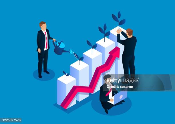 businessman planting small sapling on watering bar chart, business investment income growth, grow your business - business success stock illustrations