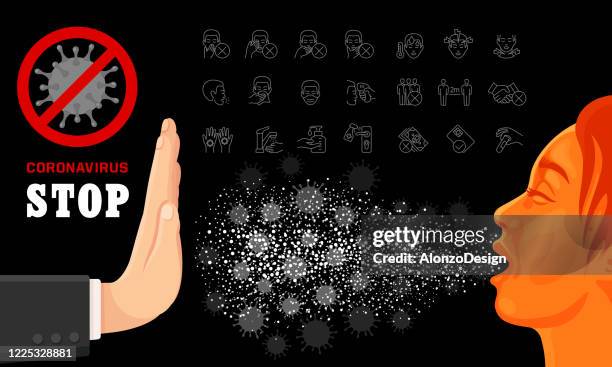 ilustraciones, imágenes clip art, dibujos animados e iconos de stock de detener la propagación del coronavirus. efecto estornudo. - woman blowing nose