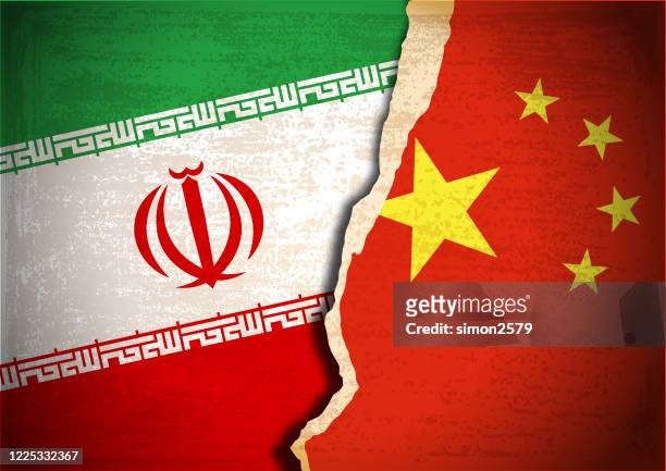 stockillustraties, clipart, cartoons en iconen met het concept van het conflict met vlag van iran en china op grunge geweven achtergrond - iranian culture