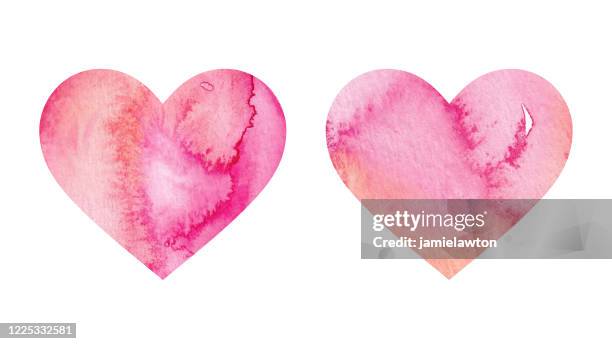 coral pink watercolour painted heart shapes - romantic couple on white background stock illustrations