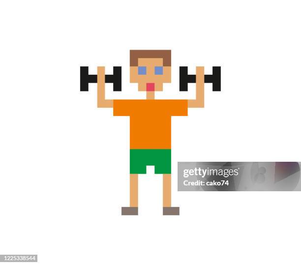 pixel man exercising - guy lifting weights stock illustrations