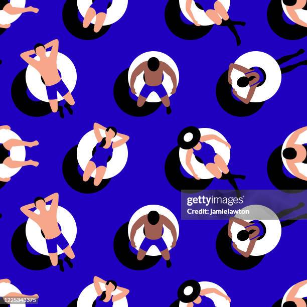 seamless summer background with people on inflatable rings - public swimming pool stock illustrations