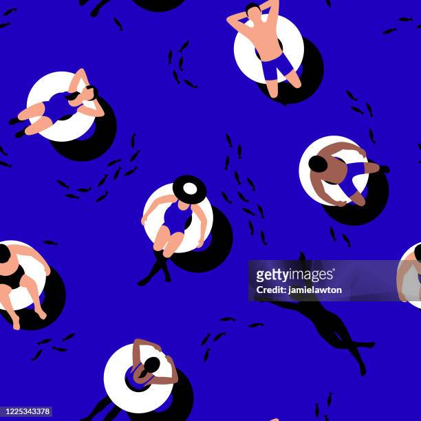 bildbanksillustrationer, clip art samt tecknat material och ikoner med sömlös bakgrund med människor som kopplar av på uppblåsbara gummiringar och simning i havet - bassängkant