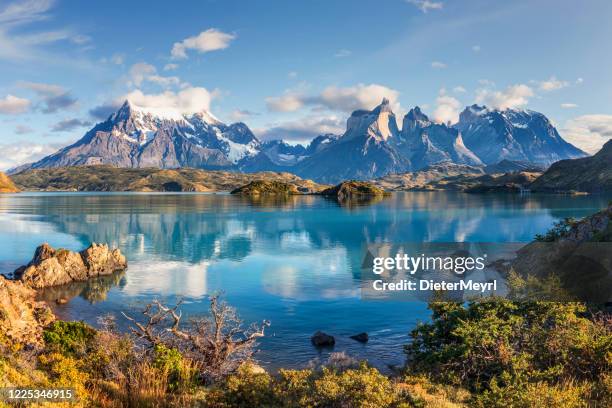 lake pehoe, torres del paine, patagonië, chili - cuernos del paine stockfoto's en -beelden