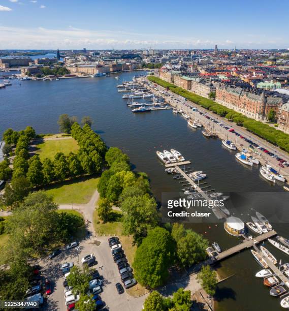 strandvägen, stockholm panorama seen from air (above djurgarden) - strandvägen stock pictures, royalty-free photos & images