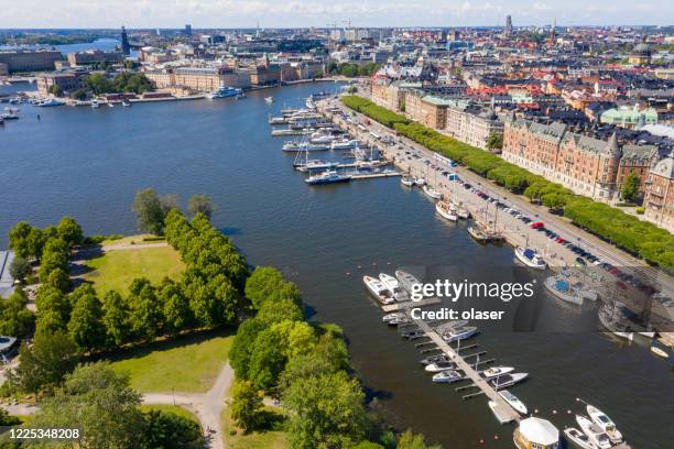 strandvägen, stockholm panorama seen from air (above djurgarden) - strandvägen stock pictures, royalty-free photos & images