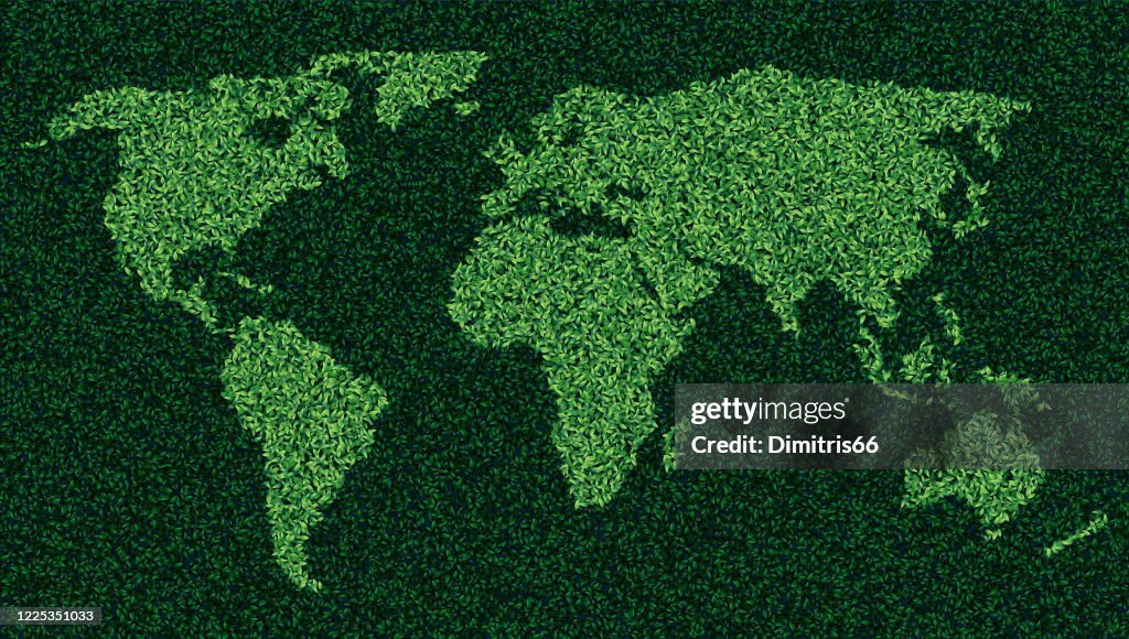 World map made form leaves and grass