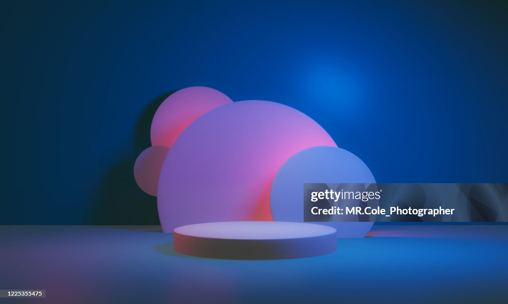 3d rendered Stage podium on the floor. Platforms for product presentation, mock up background,Pink and blue colors Backgrounds,Futuristic design
