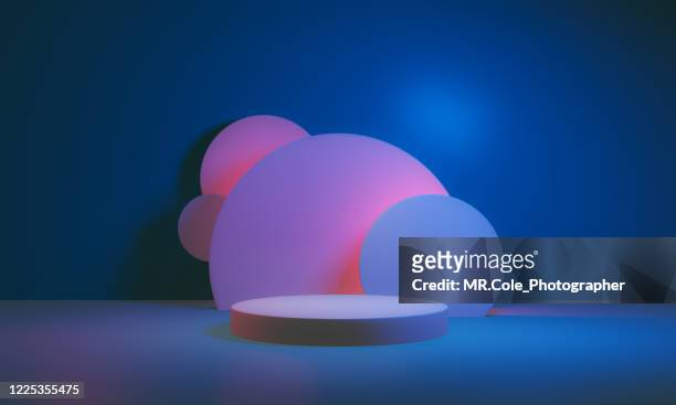 3d rendered stage podium on the floor. platforms for product presentation, mock up background,pink and blue colors backgrounds,futuristic design - concept store fotografías e imágenes de stock
