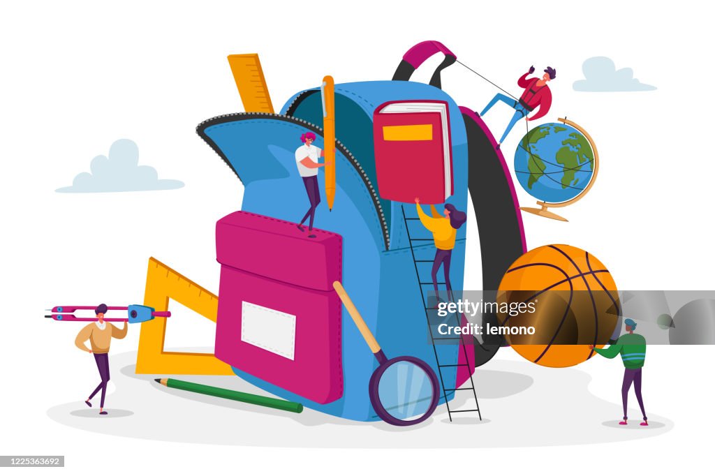 Tiny Male and Female Characters Put in Huge Backpack Educational Tools, Stationery Ball, Globe and Book for Different Disciplines. Back to School, Education Concept. Cartoon People Vector Illustration