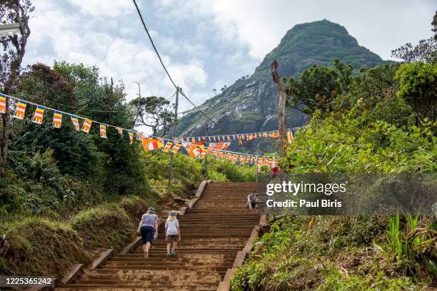 tourist mother and son hiking on adam's peak in sri lanka - adams peak stockfoto's en -beelden