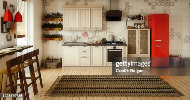 scandinavian domestic kitchen and dining room - beige carpet stock pictures, royalty-free photos & images