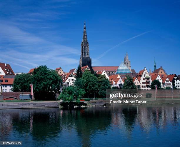 panorama of ulm münster church and river danube - ulm minster stock pictures, royalty-free photos & images
