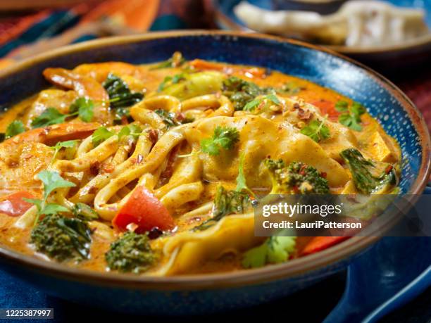 garnelen currysuppe mit dicken nudeln, knödel und gemüse - curry stock-fotos und bilder