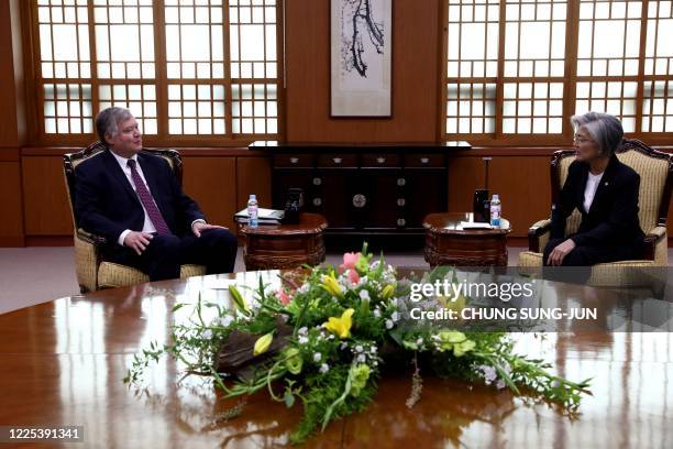 Deputy Secretary of State Stephen Biegun talks with South Korea's Foreign Minister Kang Kyung-wha during their meeting at the foreign ministry in...