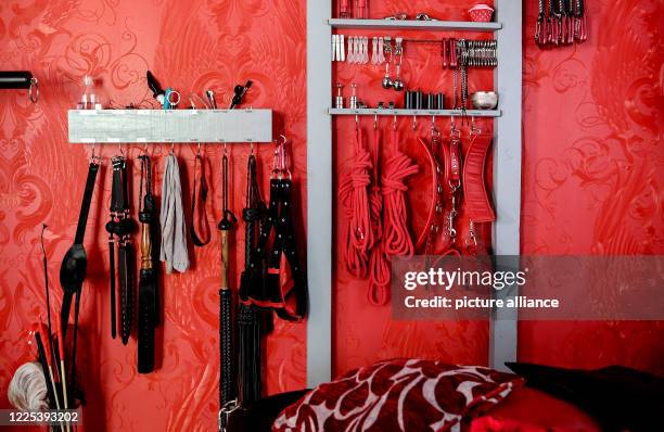 Sex toys hang red salon in the dominatrix bizarre studio LUX on the wall. The dominatrix wants to draw attention to the work situation and...