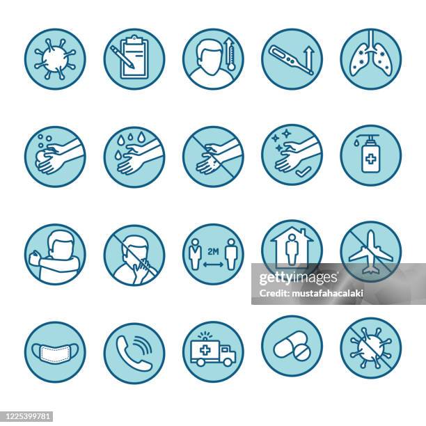 blue and white covid-19 disease symptoms and preventions line-art icons - safe travel stock illustrations