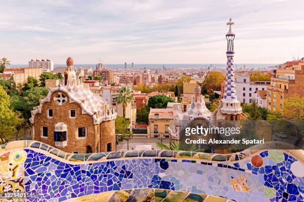 high angle view of barcelona skyline, catalonia, spain - barcelona spanje stockfoto's en -beelden