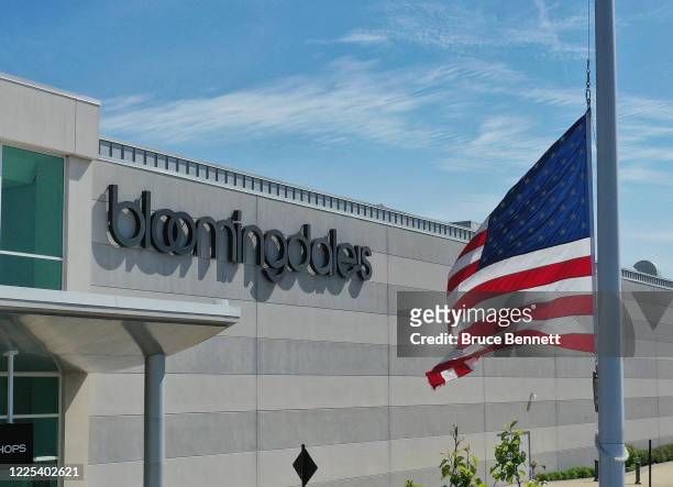 In an aerial view from a drone, Bloomingdale's at the Walt Whitman shopping mall remains closed due to the coronavirus pandemic on May 17, 2020 in...