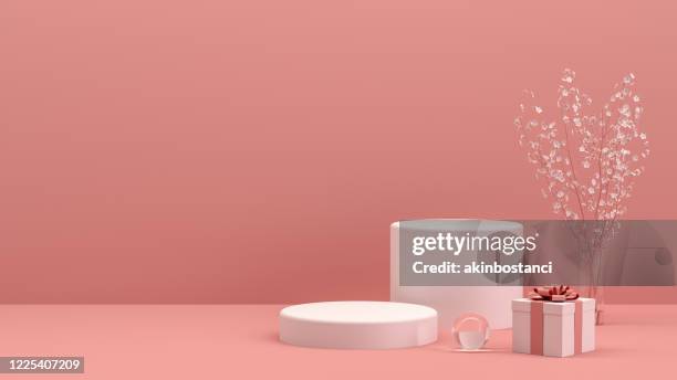 3d empty product stand, platform, podium with gift box and flower, minimal design - 3d store stock pictures, royalty-free photos & images