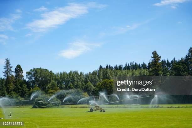 irrigation system system running on a farm, oamaru, new zealand - otago farmland stock pictures, royalty-free photos & images