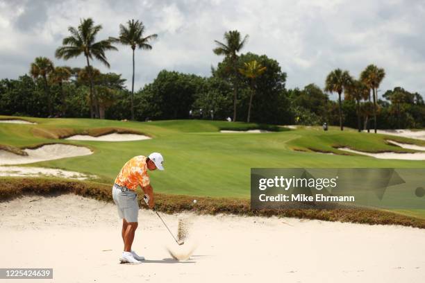 Rickie Fowler of the CDC Foundation team plays a shot from a bunker on the second hole during the TaylorMade Driving Relief Supported By UnitedHealth...