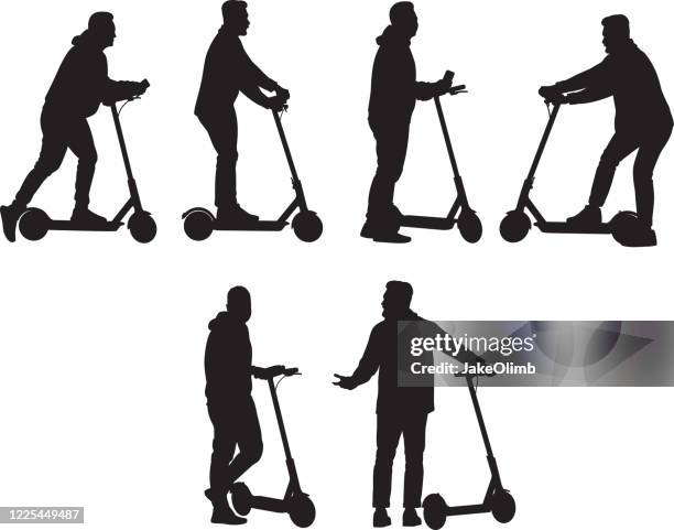 two men riding scooters silhouettes - motor scooter stock illustrations