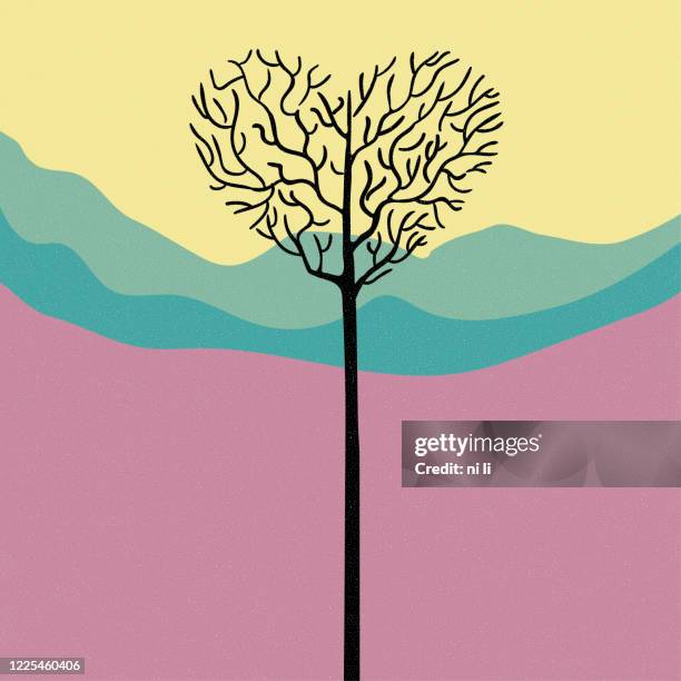 vector drawn landscape. the image contains distant mountains and heart-shaped tree. - dramatic mountain stock illustrations