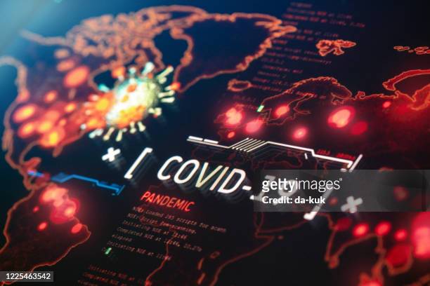 covid-19 pandemie auf einer weltkarte - sars cov 2 stock-fotos und bilder