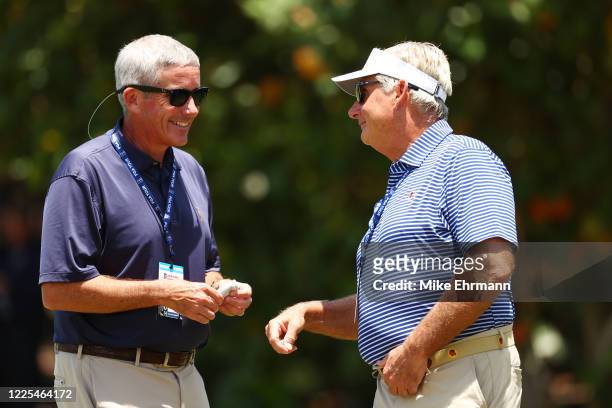 Tour Commissioner Jay Monahan speaks to President of Seminole Golf Club Jimmy Dunne prior to the TaylorMade Driving Relief Supported By UnitedHealth...