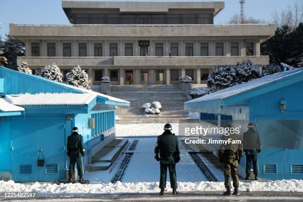 joint security area during winter, at panmunjom - panmunjom stock pictures, royalty-free photos & images