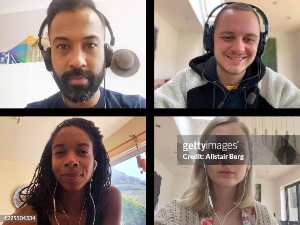 screen of four friends connecting on video call - four people stock pictures, royalty-free photos & images
