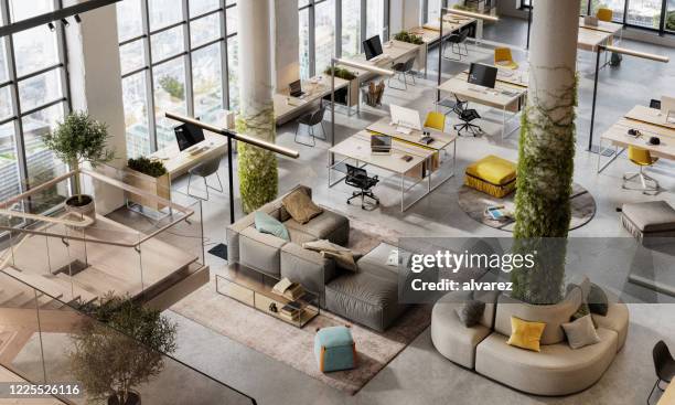 top view 3d image of a environmentally friendly office space - furniture imagens e fotografias de stock