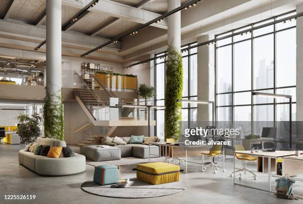 3d image of a environmentally friendly office space - lobby stock pictures, royalty-free photos & images