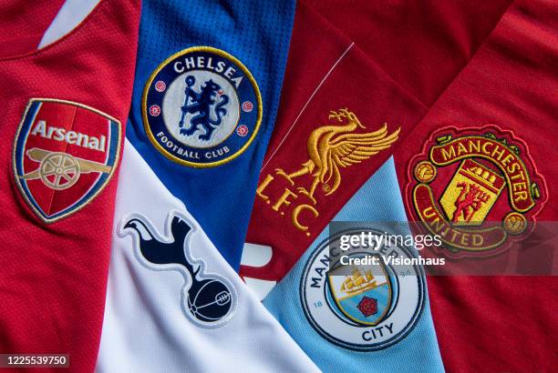 The so-called top six Premier League club crests, Liverpool, Manchester City, Manchester United, Chelsea, Tottenham Hotspur and Arsenal on their...