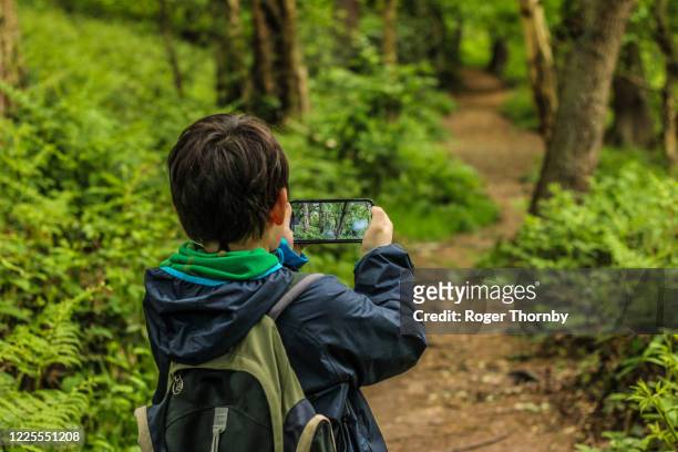 a child taking photos on a country footpath - nature reserve stock pictures, royalty-free photos & images