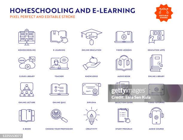 homeschooling and e-learning line icon set with editable stroke. - homeschooling stock illustrations