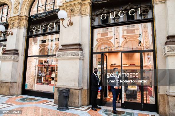 View of entrance of Gucci shop in Galleria Vittorio Emanuele on the first day of reopening after the lockdown on May 18, 2020 in Milan, Italy....