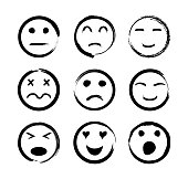 Face icons. Emoticon with emotions of happy, sad, funny, angry, love, cry and laugh. Sketch smiles. Set with doodle emoji. Black smiley in line style. Handdrawn cartoon persons. Kid symbols. Vector